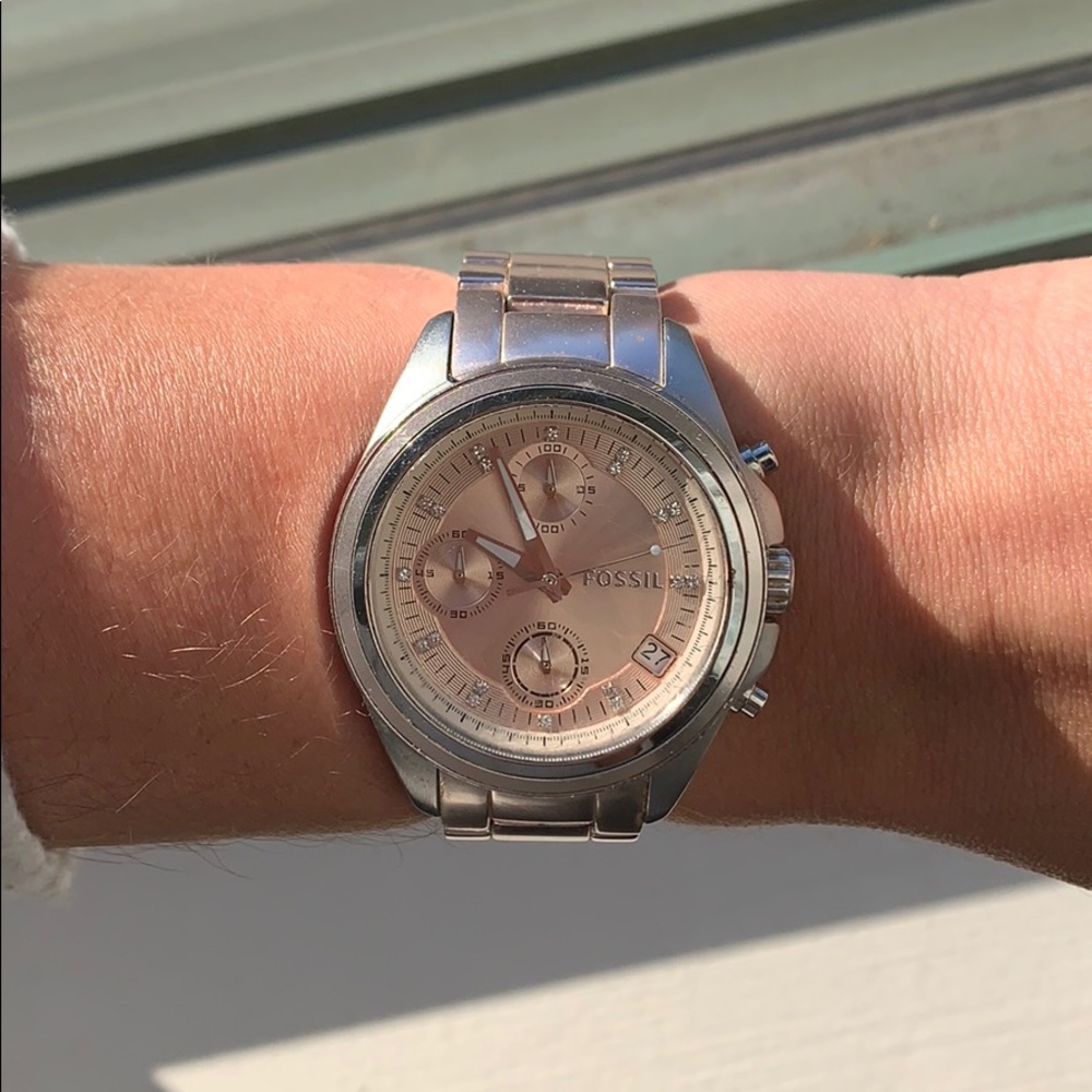 Pink and silver Fossil watch